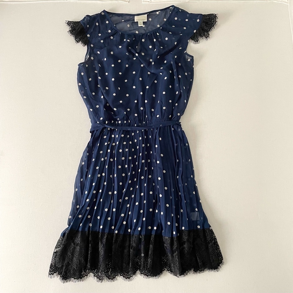 Donna Morgan Navy Black Lace Pleated Polka Dot Midi Cocktail Dress Cap Sleeve 10